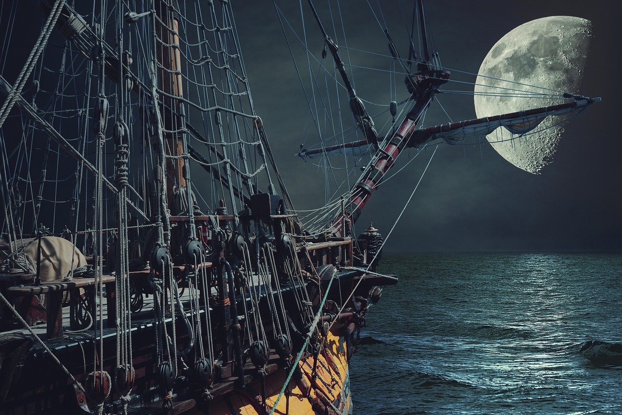 moon, sea, ship